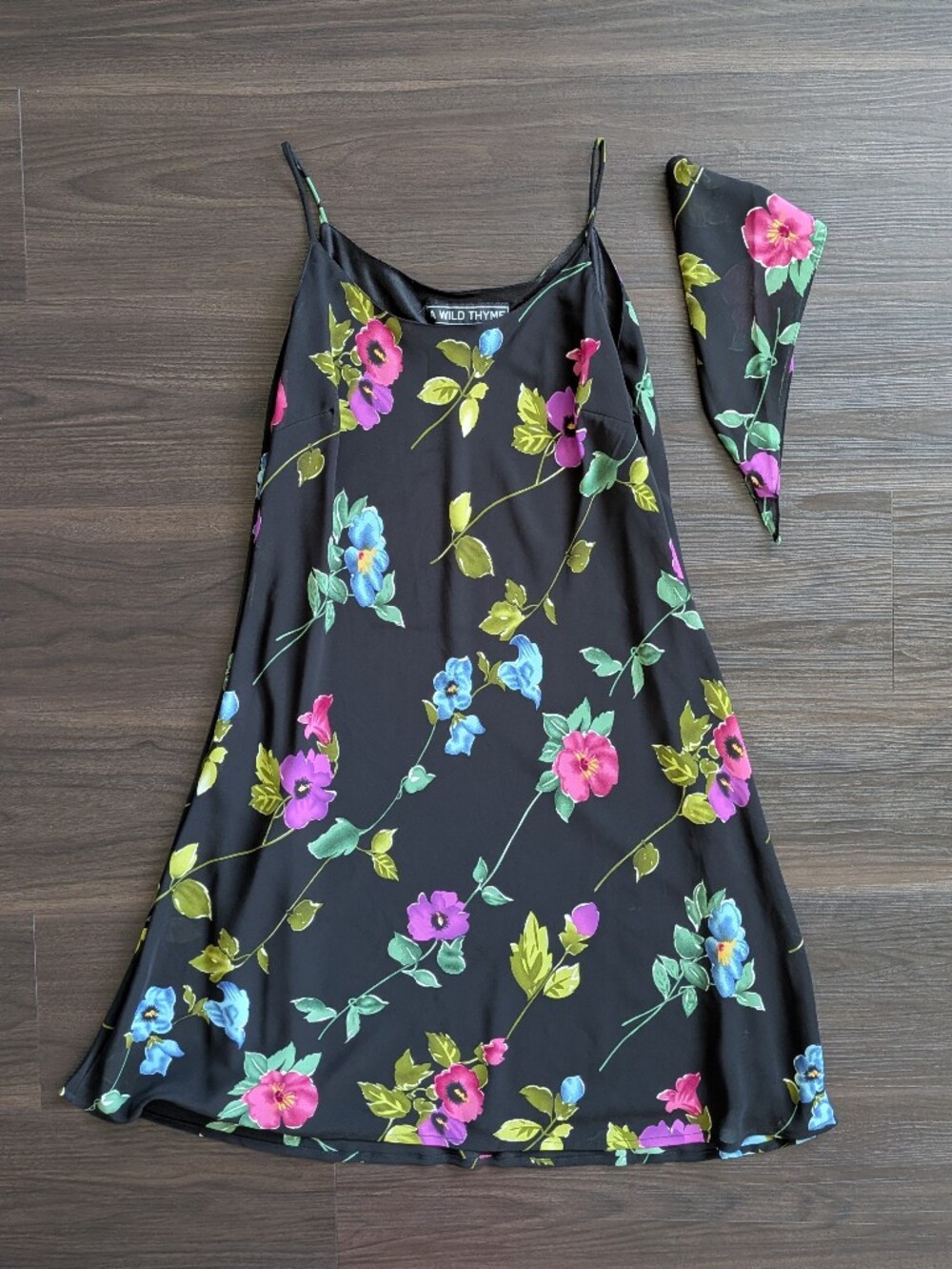 Vintage Y2K A Wild Thyme Floral Slip Black Dress w/ Matching Scarf Bandana 10
